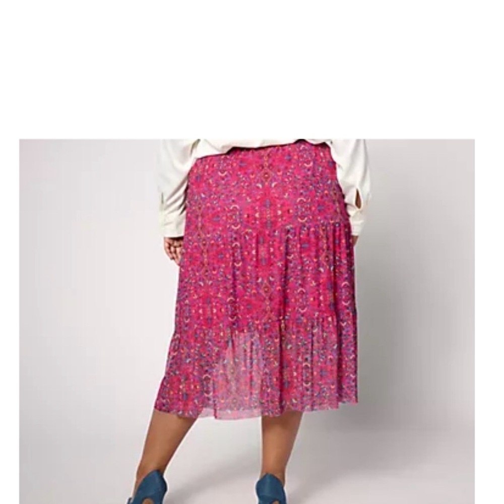 Denim & Co. Canyon Retreat Mesh Tiered Midi Skirt – Pink Peony Print Size XL